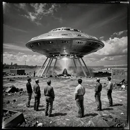 tintype, wide view, thundra ufo crash site, team of scientists studying captured alien, photorealistic, highly detailed