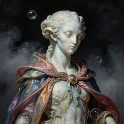 a baroque neoclassicist close - up portrait of a futuristic marble statue of an colorful lovecraftian alien wearing a cloak surrounded by glowing bubbles. iridescent and reflective silk. foggy black background with dark puffy clouds. sci - fi retrofuture. highly detailed science fiction painting by norman rockwell, frank frazetta, syd mead and moebius. rich colors, high contrast, gloomy atmosphere, dark background. trending on artstation.