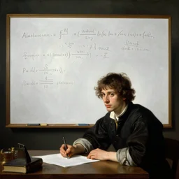 modern young male mathematician working on a formula on the table in front of a messy white board oil painting in the style of reneissance, dark room, romantique, realistic