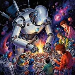colorful digital art of a robot trying to repair the universe, intricate complexity, by greg rutkowski, artgerm, ross tran, conrad roset, takato yomamoto, ilya kuvshinov. 4 k, beautiful, cinematic dramatic atmosphere