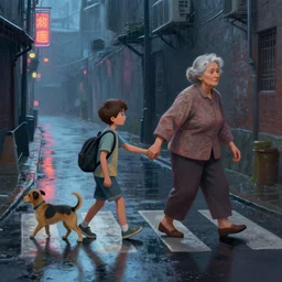 a matte painting of a young boy and his pet dog helping an old woman to cross a street, rainy evening, water reflection on the floor, neon, next to alley. digital painting by Greg Rutkowski and James Gurney, trending on Artstation, highly detailed