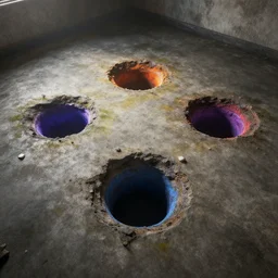 a room, from the floor 3 giant colored holes are spotted. unreal engine