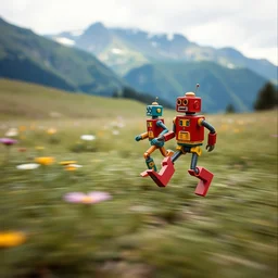kodak portra 4 0 0, wetplate, muted colours, action photography, 1 9 2 0 s, long shot, macro photo of an colourful tin toy robots running very fast across a fieldpass near by beautiful flower meadow in the bavarian alps, mountain panorama, motion blur, tiny gaussian blur, depth of field