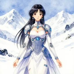 southeast asian princess of the snowy mountains, wearing a lovely dress with cyberpunk elements. this watercolor painting by the award - winning mangaka has an interesting color scheme, plenty of details and impeccable lighting.