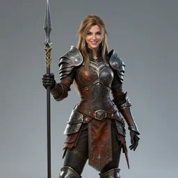 fantasy full body portrait of a smiling female spearman in leather armour inspired by final fantasy xiv and diablo, long hair, green eyes, earrings, highly detailed, trending on artstation, 4k, 8k, hdr, octane render, unreal engine,