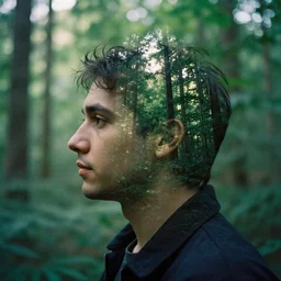 double exposure head profile photography and forest. kodak.