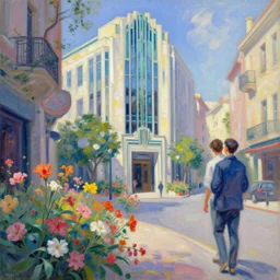 digital art, impressionism and expressionism, an art deco streetscape lined with beautiful flowers, by liam wong and tyler edlin, trending on artstation