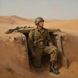 beautiful painting of a soldier in a trench waiting for the war to end, in the sahara desert. cinematic lighting, atmospheric emotions by greg rutkowski,
