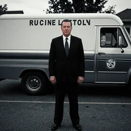Michael C. Hall standing in front of a funeral home, dark tones, in the style of Norman Rockwell