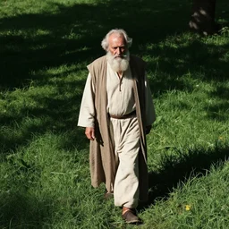 old prophet wandering about a meadow. direct overhead sunlight. harsh shadows. aperture 1 6. iso 1 0 0