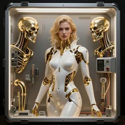 beauty woman wrapped in white and gold, Terminator artifacts, electronic case display, cyberpunk tech, ultrarealistic, futuristic, back lit, dramatic lighting, electrical details, high details, 4k, 8k, best, accurate, trending on artstation, artstation, photorealism, ultrarealistic, digital painting, style of Peter Mohrbacher, Caravaggio, Caravaggio, Boris Vallejo, Hajime Sorayama