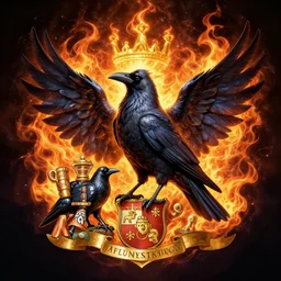 mythical crow of wisdom with magical fire aura, full colour, family crest, coat of arms, very detailed, symmetrical, full frame, dramatic shading, jonathan pointer, janie penny,