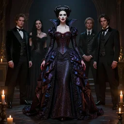 jennifer connelly vampire queen, sharp fangs, blood, full body, intricate victorian dress, digital art, artstation, cinematic lighting, studio quality, smooth render, artgerm, joshua middleton, rafael albuquerque, moody lighting, candles, unreal and octane rendered, art style by klimt and nixeu and ian sprigger and wlop and krenz cushart