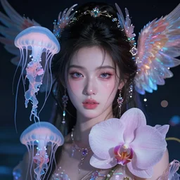 hyperrealism, night background, super zoom, goddess close - up beautiful face portrait real human, jellyfish!! phoenix crow wings! giant orchid!!, artwork by tooth wu and wlop. octane render, trending on artstation, greg rutkowski cinematic, hyper realism, high detail, octane render, 8 k