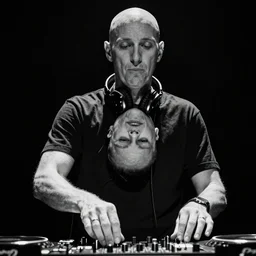 medium close shot photo of jeff mills djing, slightly inverted colors, black background, rule of thirds, monochrome, low angle