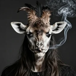 photographic portrait max ernst sad woman giraffe feathers face, spiraling cigarette smoke, editorial