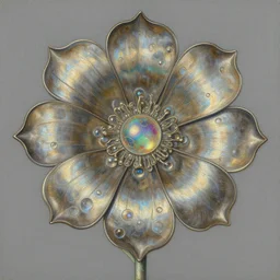 a painting of a metallic flower on a gray background, by Earnst Haeckel and Louis Comfort Tiffany, high detail, detailed painting, biomorphic, bubbles, opalescent, exotic.from the Voynich Codex