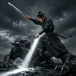 ancient ink chinese warrior in clothes with a broadsword, hejump and hit the monster down hard, a dark sky and a ray of white light on the grounddramatic lighting, hyper realistic, extremely detailed, octane render, 8 k, sophisticated, photorealistic