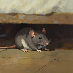 the friendly feral rat awoke from its slumber beneath the bed frame, digital painting masterpiece, haunting beautiful brush strokes, painted by Moebius and Hayao Miyazaki and Akira Toriyama