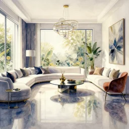 a hiper intricate watercolor of a beauty modern living room, reflexions, intricate details, smooth, by william turner art, by greg rutowski by edmund dulac, by carl larson