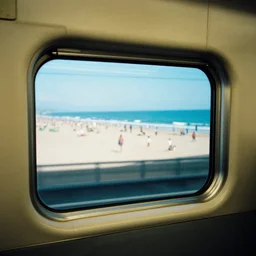 fuji 5 0 r, 3 5 mm ; film still of shinkansen interior with leather seat side window view with ; in the background projection of beautiful hyperrealistic wide lens film still from ronin ( 1 9 9 0 ) beach promenade scene directed by wes anderson, highly detailed, cinematic lighting, 8 k