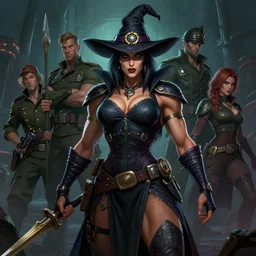 portrait of a female bodybuilder dark witch in team fortress 2 style, epic, tragic, military art, fantasy, dieselpunk, hd shot, digital portrait, beautiful, artstation, comic style, by artgerm, guy denning, jakub rozalski, magali villeneuve and charlie bowater