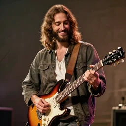 a photo of Jesus Christ playing electric guitar smiling, HDR 8k