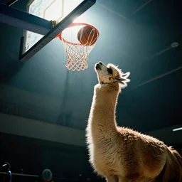 film still of a llama dunking a basketball, low angle, extreme long shot, indoors, dramatic backlighting.