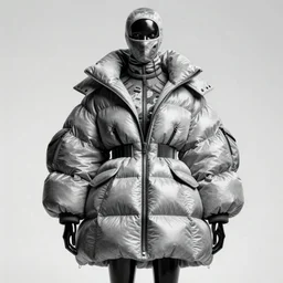 very very beautiful well lit black and white portrait of extremely gorgeous androgynous black marble statue wearing huge puffer jacket over size futuristic outerwear, techwear, puffer skirt, puffer dress, balaclava, mask, alyx puffer jacket, puffer jacket by moncler genius, dingyun zhang, yeezy, balenciaga, vetements, sharp focus, clear, detailed, detailed, glamorous, symmetrical, vogue, editorial, fashion,