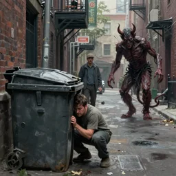 a man hides behind a dumpster to reload while the demon in the alley coalesces : high quality high detail painting by david mattingly and larry elmore and richard corben, hd, realistic scene painting, photorealistic lighting, modern supernatural urban horror, street scene
