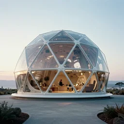 futuristic geodesic pod dwelling by buckminster fuller and syd mead, contemporary architecture, photo journalism, photography, cinematic, national geographic photoshoot