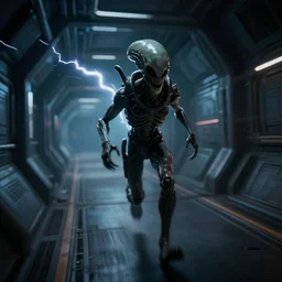 scary alien running behind me in a space station corridor, alien! alien isolation, horror, game, cinematic, motion blur, highly detailed, 4 k, game screenshot, dark, white lightning
