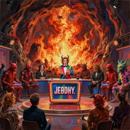 A Jeopardy-style retro game show hosted by a charming-looking Satan in a colorful suit, being recorded before a studio audience of red demons and strange creatures, in the middle of a cavernous firey landscape of Hell, oil on canvas, painting, 4k, wide shot