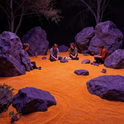 a solarpunk zen garden by simon stalenhag and hubert robert and zacharias aagaard and gillis rombouts and samuel beal, hyperrealism!, orange sand, purple rocks, chiaroscuro!!!!, tonalism!, desaturation, high contrast, vibrant!, highly detailed, volumetric light