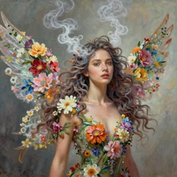 a colorful and provenance portrait painting of the fantasy female who with floral wing, highly detailed, her hair made of hair made of air wind and curling smoke and genie, spirit fantasy concept art, art by the wings made of flowers, spirit fantasy concept art, art by aenami, alena, afshar, petros and leonid, trending on artstation.