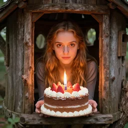 madelyn, with the fire of creation in her eyes, coming out of a treehouse with a birthday cake in her hands, detailed, realistic