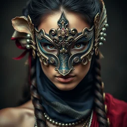 portrait photo of a beautiful female warrior with ornate venetian mask, highly detailed, 8 k, hdr, smooth, sharp focus, high resolution, award - winning photo