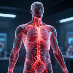 medium shot of a see through torso display of a bio - electrical humanoid, glowing red veins