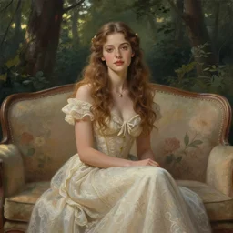 landscape shot of a single queen sitting by herself on a sofa in a forest, drawn by CloverWorks, elegant, beauty,