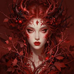 digital painting crimson goddess, lots of branches, leaves and berries, wonderful eyes, symmetrical, fantasy, highly detailed, realistic, complex, fantasy, over - detailed, elegant, complex, dynamic lighting, hyperrealism, digital art, digital painting, artstation, wlop, clear focus, illustrations by filipe pagliuso and justin gerard