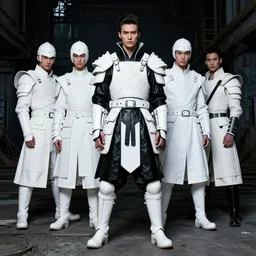 fashion model with white ancestral ornate medieval tactical gear, black leather samurai garment, full shot fashion photography, dark abandoned cyberpunk factory, by irving penn and storm thorgerson, ren heng, peter elson,