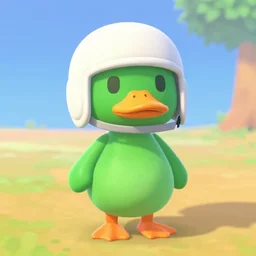 a green duck from animal crossing wearing a white helmet