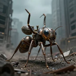 giant steampunk ant in a destroyed city, 8 k, moody lighting, shallow depth of field,