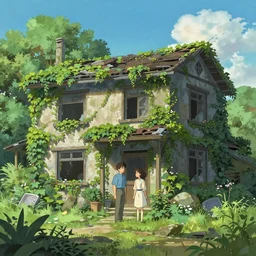 Rendering of a scene abandoned house full of ivy，by Makoto Shinkai and Thomas Kinkade, fantasy matte painting, trending on cgsociety and unreal engine，light effect，highly detailed，super wide angle,