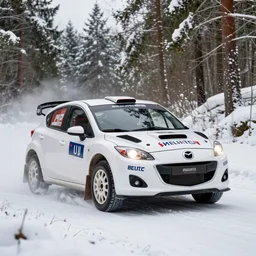 a 2 0 1 1 mazda 2, racing through a rally stage in a snowy forest