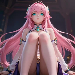 symmetrical image taken from an extremely low angle at her feet of a stunningly beautiful omnipotent anime goddess with pink hair and mesmerizing cyan eyes, unreal engine 5, 8 k