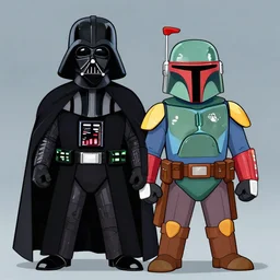 cartoon of darth vader and boba fett standing proudly shoulder to shoulder