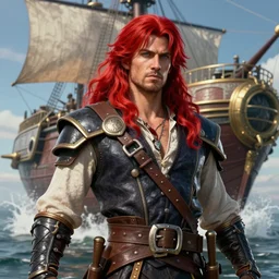 an epic fantasy comic book style portrait painting of a long haired, red headed male sky - pirate in front of an airship, unreal 5, daz, hyperrealistic, octane render, cosplay, rpg portrait, dynamic lighting