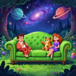 psychedelic trippy couch in forest, planets, milky way, sofa, cartoon world, donserly brothers vs. the beef sisters, chesterfield, green, purple, blue, fight night