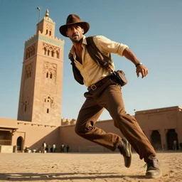 Indiana Jones in Marrakesh, dynamic dramatic shot, cinematic angle, 8k quality, award winning photograph.